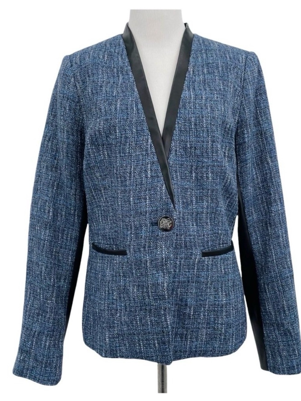 White House Black Market Size 6 Blue Tweed Blazer Black Faux Leather Trim Womens